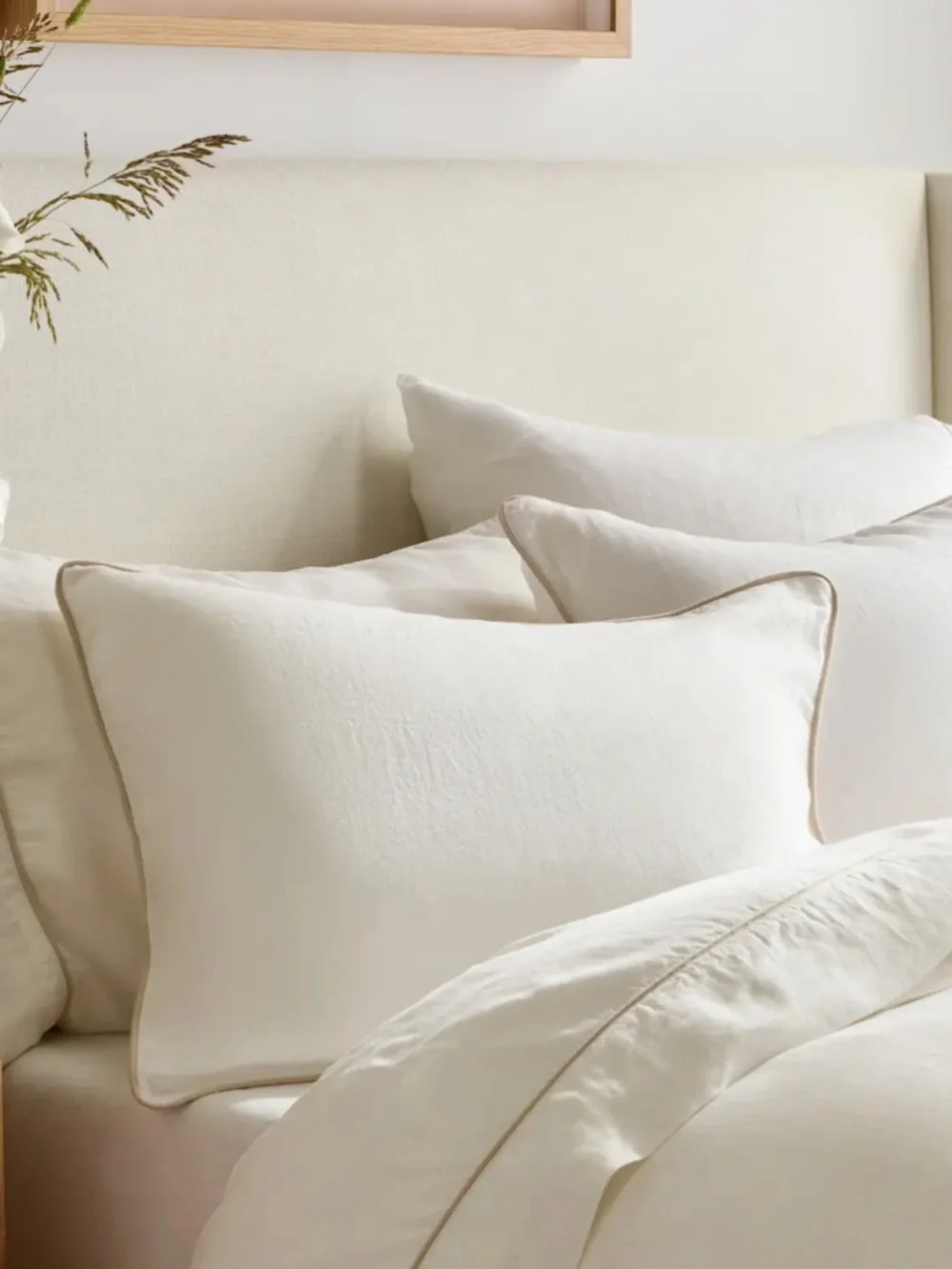 European Linen Piped Sham Set King white toffee